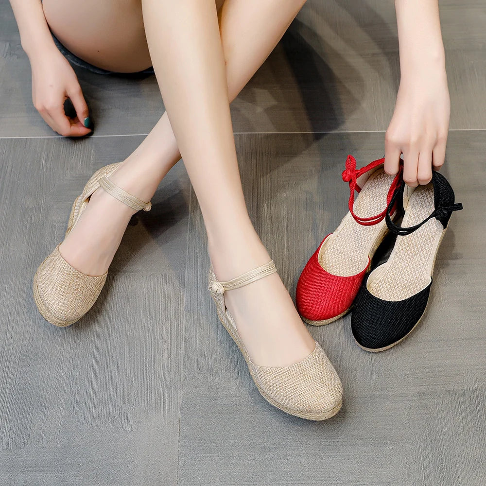 Summer Women Linen Plain 6Cm Wedge Sandals Bohemian Handmade Ladies Casual Comfortable Espadrilles Platform Pumps Shoes