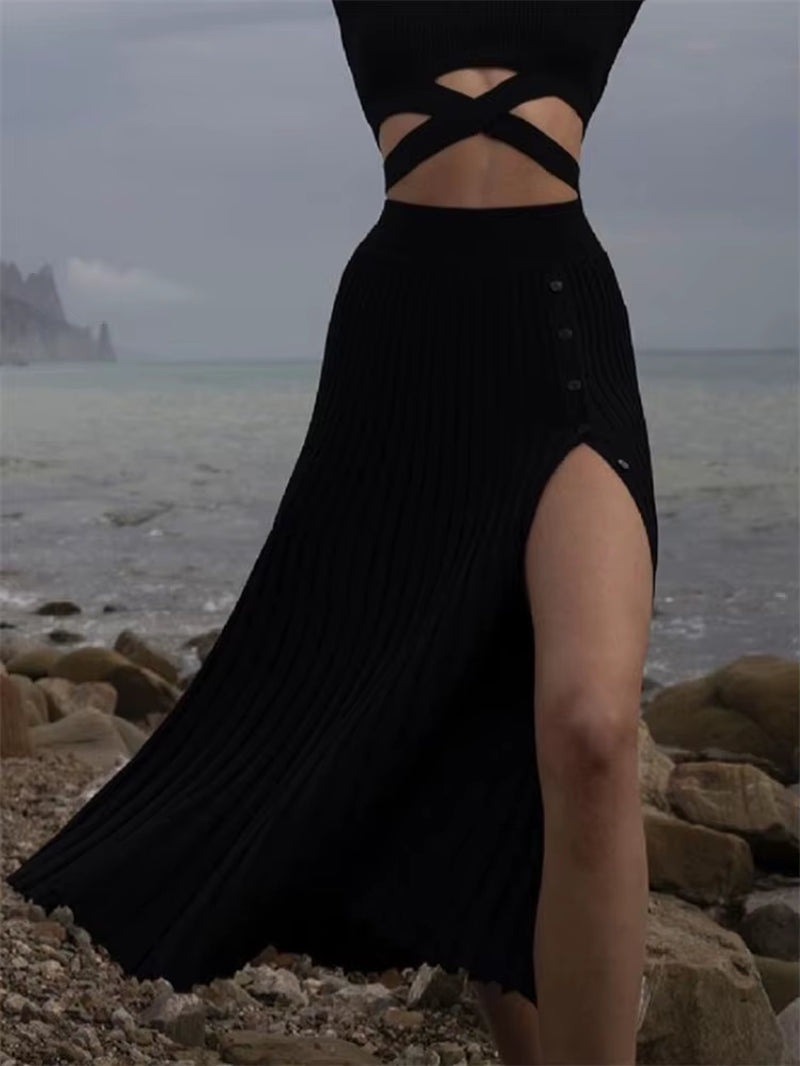 New White Knit Two Piece Women Sets Fall Ribbed Crop Top and Pleated Knitted Skirt Suits for Women Midi Dress Sets 2022