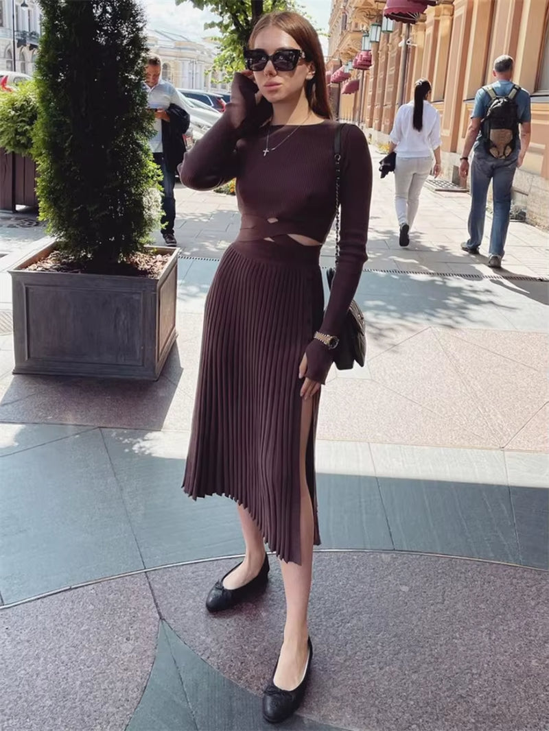 New White Knit Two Piece Women Sets Fall Ribbed Crop Top and Pleated Knitted Skirt Suits for Women Midi Dress Sets 2022