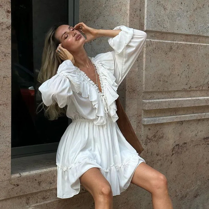 Harlow Floral Print Ruffle Dress Women Backless V-Neck Dress Women Mini Summer Dress Ladies 2024 Party Dresses