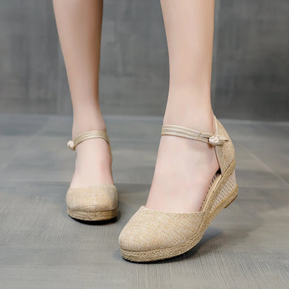 Summer Women Linen Plain 6Cm Wedge Sandals Bohemian Handmade Ladies Casual Comfortable Espadrilles Platform Pumps Shoes