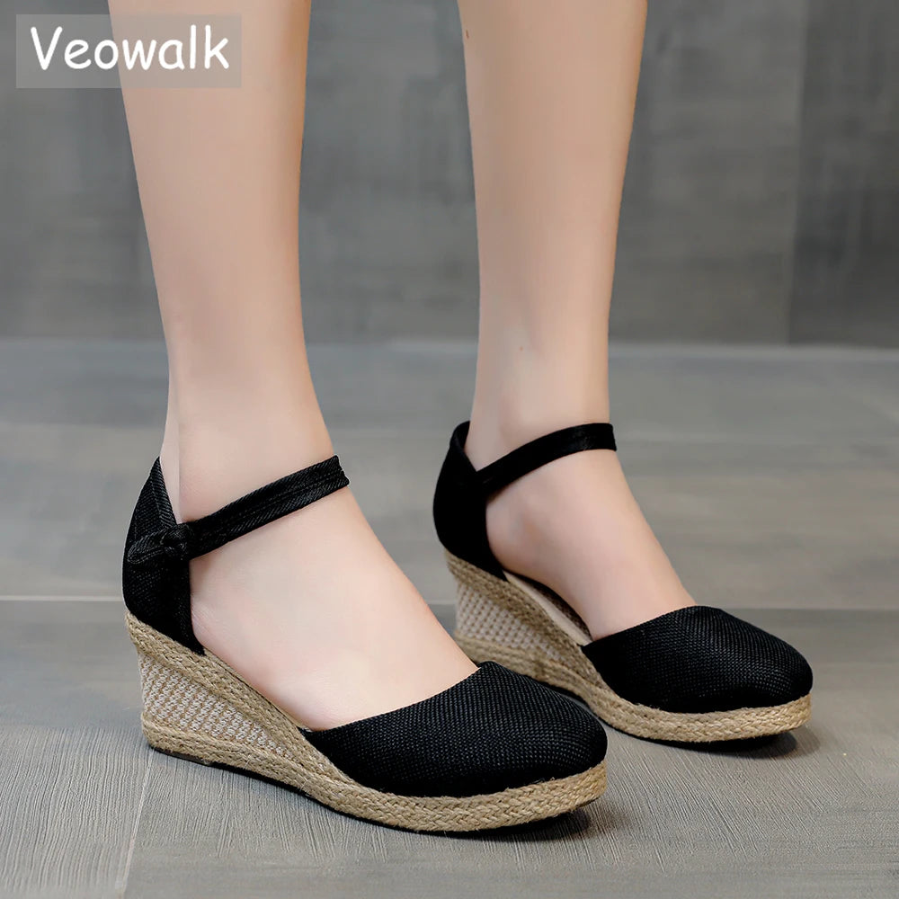 Summer Women Linen Plain 6Cm Wedge Sandals Bohemian Handmade Ladies Casual Comfortable Espadrilles Platform Pumps Shoes