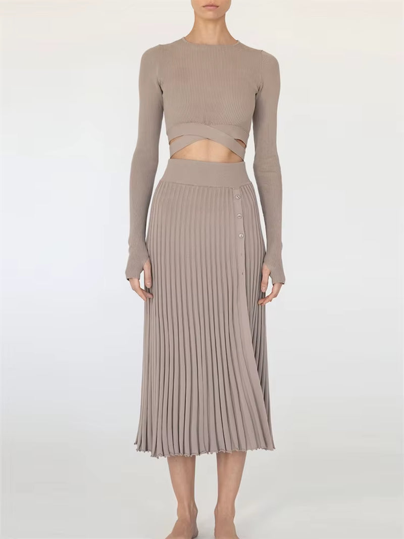 New White Knit Two Piece Women Sets Fall Ribbed Crop Top and Pleated Knitted Skirt Suits for Women Midi Dress Sets 2022