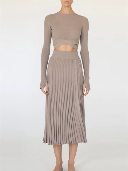 New White Knit Two Piece Women Sets Fall Ribbed Crop Top and Pleated Knitted Skirt Suits for Women Midi Dress Sets 2022