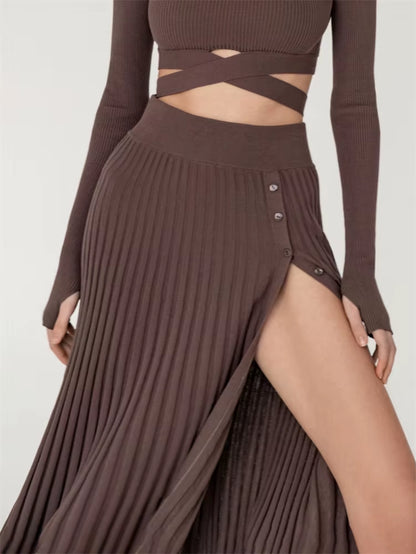 New White Knit Two Piece Women Sets Fall Ribbed Crop Top and Pleated Knitted Skirt Suits for Women Midi Dress Sets 2022