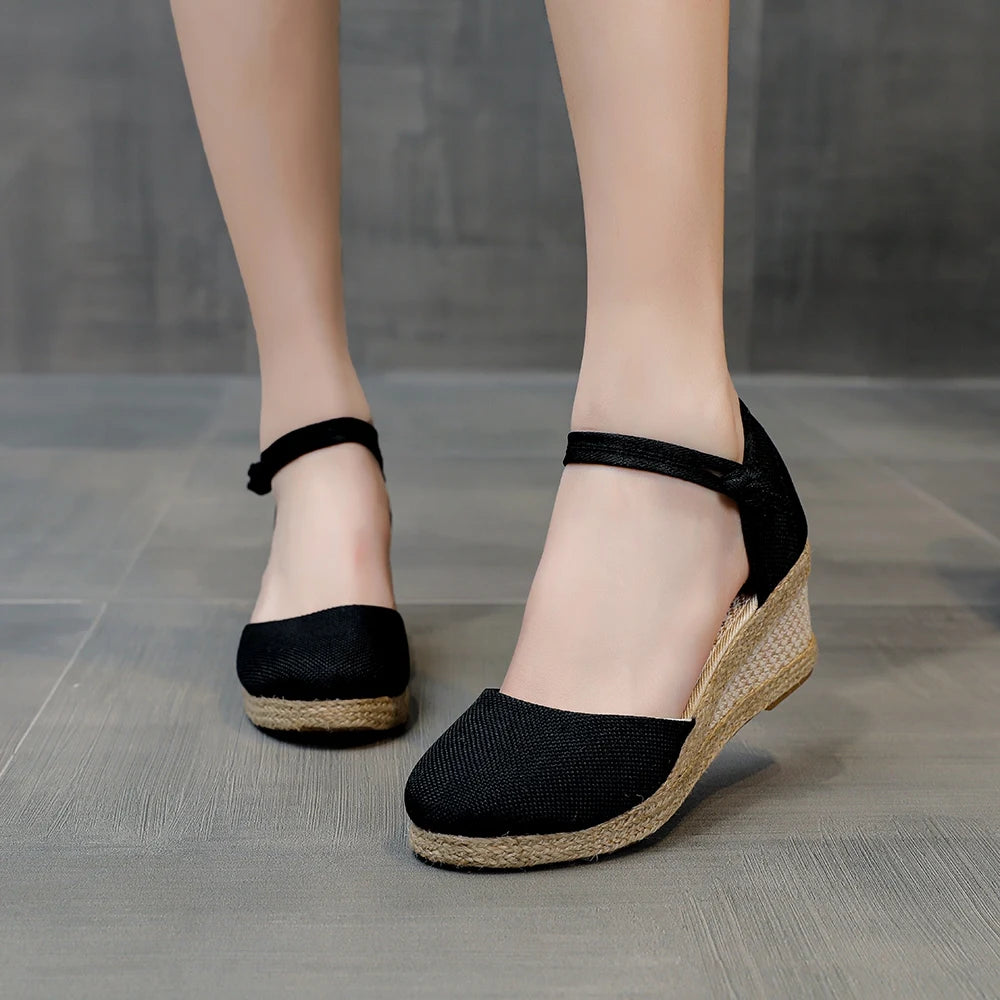 Summer Women Linen Plain 6Cm Wedge Sandals Bohemian Handmade Ladies Casual Comfortable Espadrilles Platform Pumps Shoes
