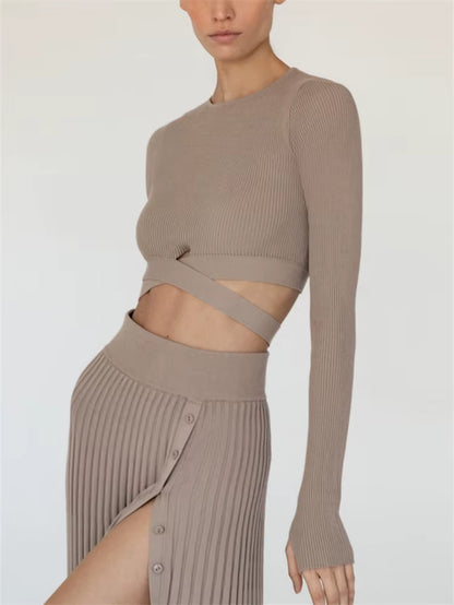 New White Knit Two Piece Women Sets Fall Ribbed Crop Top and Pleated Knitted Skirt Suits for Women Midi Dress Sets 2022
