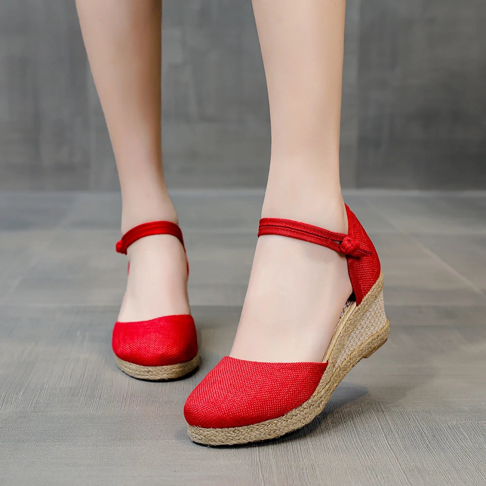 Summer Women Linen Plain 6Cm Wedge Sandals Bohemian Handmade Ladies Casual Comfortable Espadrilles Platform Pumps Shoes