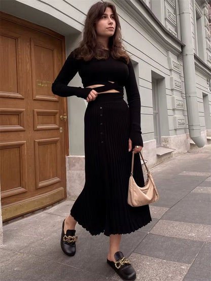 New White Knit Two Piece Women Sets Fall Ribbed Crop Top and Pleated Knitted Skirt Suits for Women Midi Dress Sets 2022
