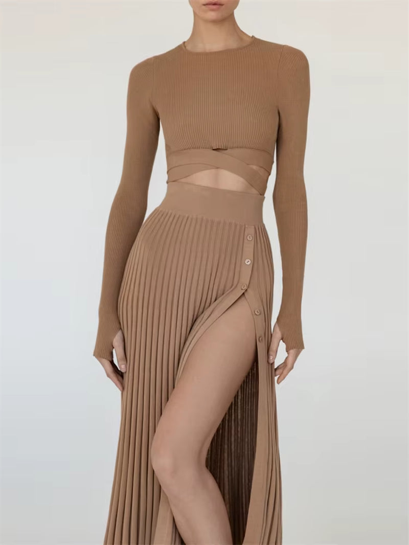 New White Knit Two Piece Women Sets Fall Ribbed Crop Top and Pleated Knitted Skirt Suits for Women Midi Dress Sets 2022