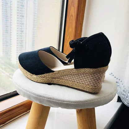 Summer Women Linen Plain 6Cm Wedge Sandals Bohemian Handmade Ladies Casual Comfortable Espadrilles Platform Pumps Shoes